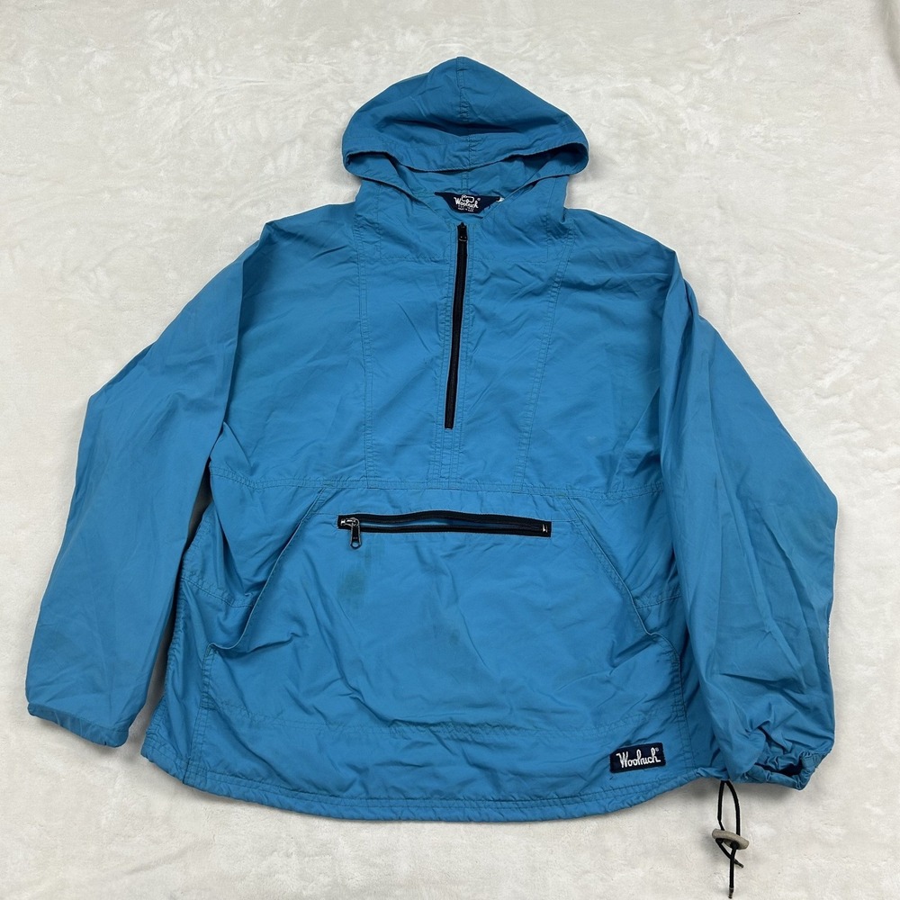 Woolrich Anorak Windbreaker Mens Large Blue Vintage Made in USA Pullover Hooded